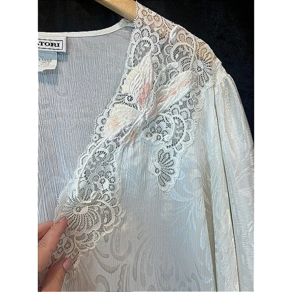 VTG Natori White Satin Jacquard Robe L Lace Embroider Butterfly Bridal Coquette